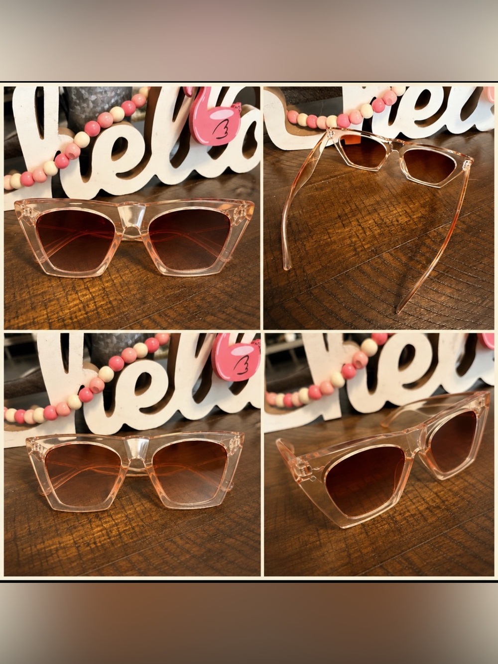 Transparent Pink Cat-Eye Sunglasses with Brown Gradient Lenses